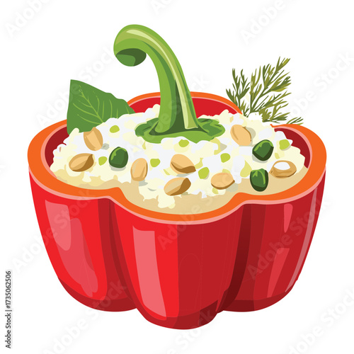 Red bell pepper stuffed with rice, peas, and herb garnish, a close-up of a delicious and healthy meal option - Vector Illustration	
