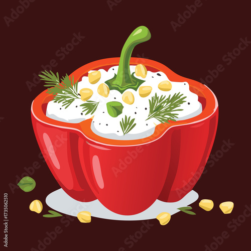 Single red bell pepper filled with a creamy rice and pea mixture, a homemade stuffed pepper for dinner - Vector Illustration	