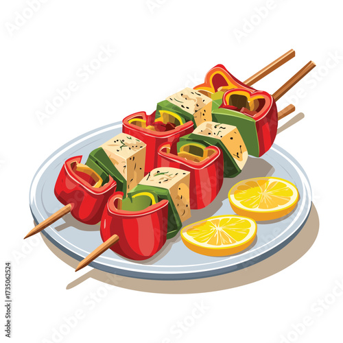 Healthy grilled skewers of red peppers and tofu served with a lemon wedge and fresh herb garnish on a small white plate - Vector Illustration	