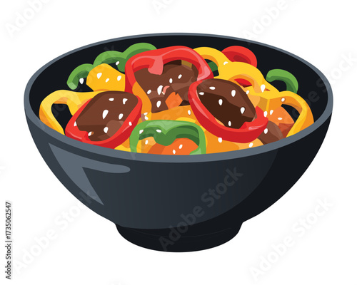 Hearty stir-fry with colorful bell peppers, tender beef strips, and savory sauce, served in a deep black serving bowl - Vector Illustration	
