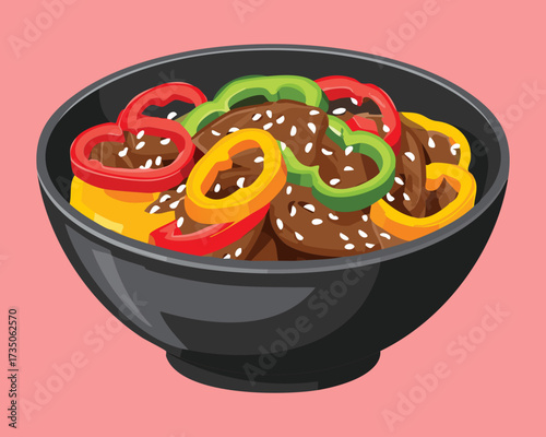 Savory stir-fry of sliced bell peppers, beef, and sesame seeds in a dark black bowl, a delicious asian-inspired dish - Vector Illustration	