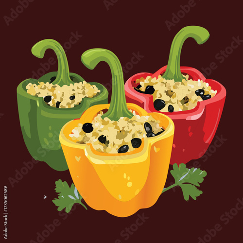 A Trio of Green Bell Peppers Stuffed with Rice and Savory Mince, Ready to be Baked to Perfection - Vector Illustration	