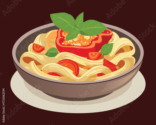 Savory Pasta Served in a Deep Bowl with Sautéed Red Pepper Strips, Fresh Herbs, and a Rich Sauce Base - Vector Illustration	