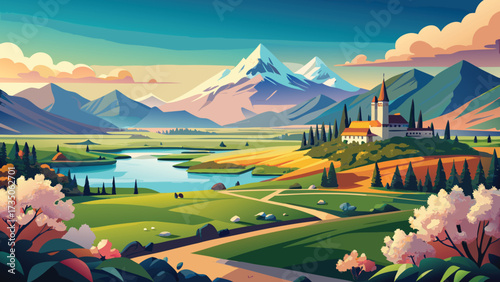 Stunning landscape painting evokes serene beauty, showcasing majestic mountains, tranquil lake, and a charming church in a vibrant and peaceful setting