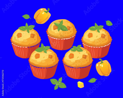 A delightful batch of freshly baked savory muffins or cornbread cupcakes, perfect for a quick and wholesome breakfast or snack - Vector Illustration