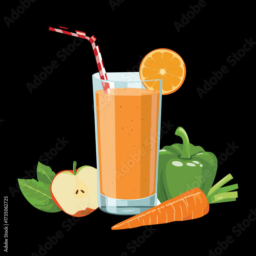 A refreshing glass of orange-colored juice made from carrot and apple, garnished with a bright citrus slice and green pepper nearby - Vector Illustration