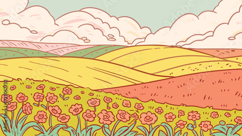 Dreamy farmland landscape with blooming flowers, pastel sky, and rolling hills, perfect for whimsical designs and spring-themed projects, evokes nature and calm