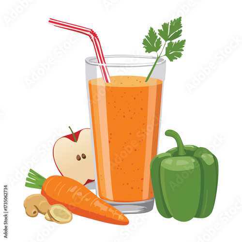 Healthy and sweet vegetable-fruit juice with apple and carrot, served in a tall glass with a straw and a parsley garnish - Vector Illustration