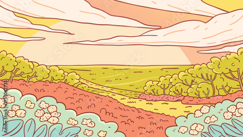 Tranquil cartoon landscape with rolling hills and dreamy sky, perfect for children's books, nature illustrations, and calming backgrounds, inviting escape