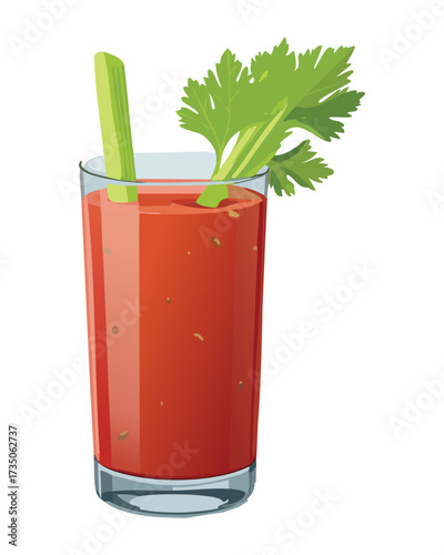 Refreshing tomato juice cocktail, a classic Bloody Mary, presented with a green celery stalk for a perfect morning or brunch beverage - Vector Illustration