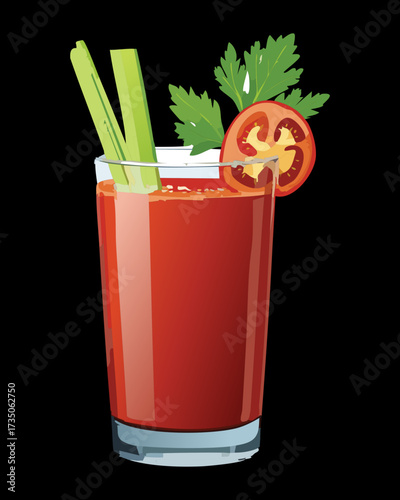 A vibrant and savory Bloody Mary brunch drink with a fresh celery stick and tomato garnish, set against a dark backdrop - Vector Illustration