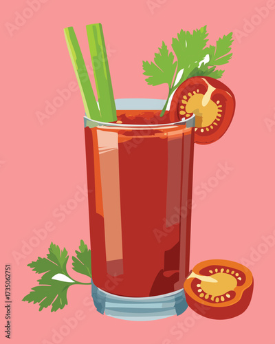 Classic Bloody Mary cocktail in a tall glass, garnished with a crisp celery stalk and a juicy cherry tomato slice - Vector Illustration