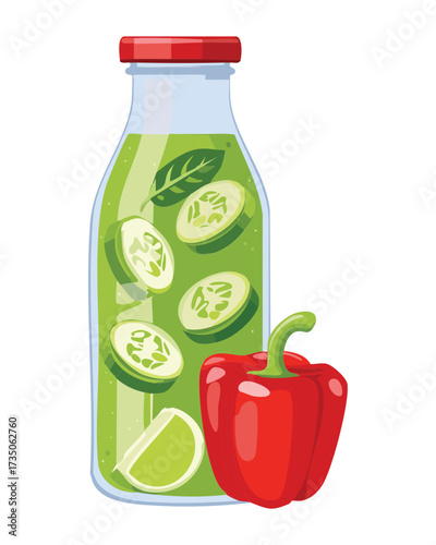 Slender glass bottle of detox water infused with fresh cucumber, lime, and red pepper slices for a healthy lifestyle beverage - Vector Illustration