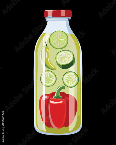 Preserving jar filled with water, sliced cucumbers, and bell peppers, suggesting a home-made infused detox water or pickle mix - Vector Illustration