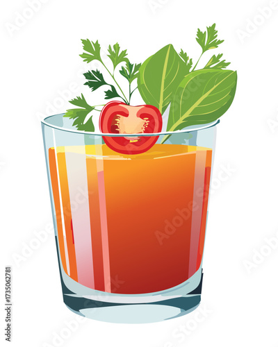 Refreshing mixed vegetable juice in a glass, topped with a cherry tomato, pepper ring, and fresh leafy greens garnish - Vector Illustration