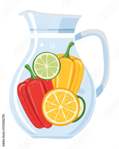 Clear glass jug containing water infused with slices of colorful bell peppers, lime, and lemon, creating a unique detox beverage - Vector Illustration