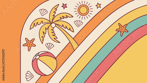 Charming retro summer vibe illustration with beach ball, palm tree, sun, and starfish ready for your fun vacation designs and creative tropical themed projects