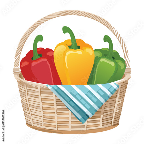 Woven wicker basket generously filled with a mix of red, yellow, and green bell peppers, draped with a checked blue cloth - Vector Illustration

