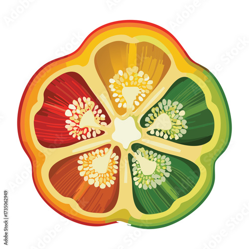 Detailed cross-section of a bell pepper revealing the seeds, membrane, and inner structure with green and yellow color segmentation - Vector Illustration