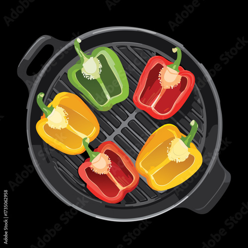 Mixed selection of red, yellow, and green bell peppers sizzling beautifully on a round, black barbecue grill, ready to be served - Vector Illustration