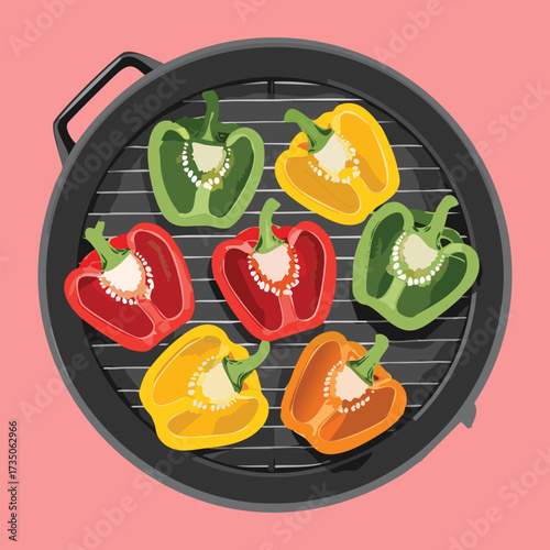 Assortment of multi-colored bell peppers (red, yellow, green) being grilled on a dark barbecue grate for a delicious summer meal - Vector Illustration