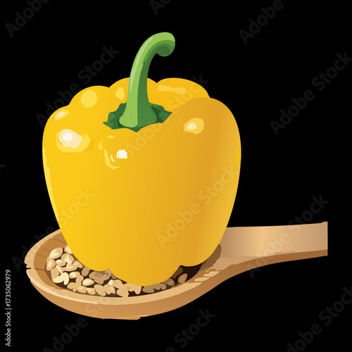 Vibrant yellow bell pepper resting on a wooden spoon, showcasing its perfect shape and readiness for a gourmet recipe - Vector Illustration