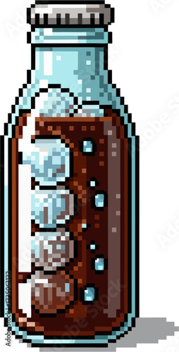 Pixel art illustration of a glass bottle filled with a dark liquid and ice cubes, sealed with a metal cap.