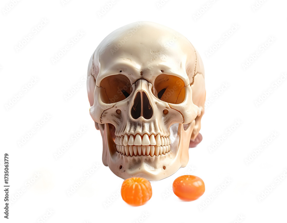 Obraz premium Human Skull with Assorted Colorful Fruits Arrangement on Transparent Background