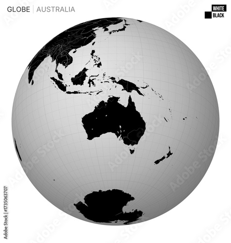 Vector Globe centered to Australia. White Black palette. World map with meridians, parallels, countries, rivers and lakes. Trending vector illustration.