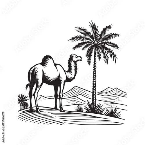 Desert Scene with Camel and Palm Tree