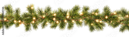 Stylish Christmas garland made of green pine branches adorned with warm white lights, creating festive and inviting atmosphere for holiday celebrations