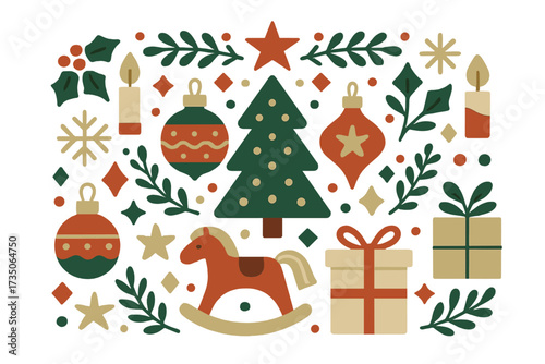 Hygge Christmas vector element set for festive holiday design. Modern flat collection of New Year icons: tree, ornaments, gifts, rocking horse. Scandinavian style greeting card kit.