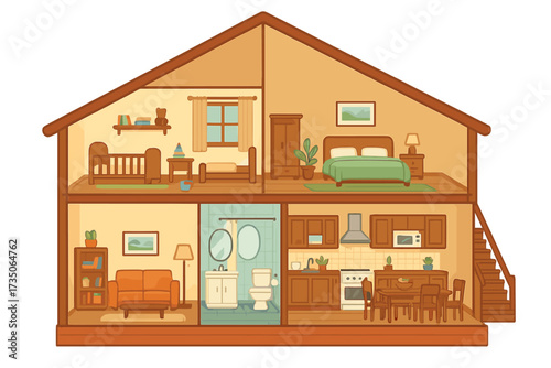 House in cut. Detailed interior with furniture. Home cross-section. Dollhouse floor plan. Cutaway building with rooms: living room, kitchen, bedroom. Architecture vector.