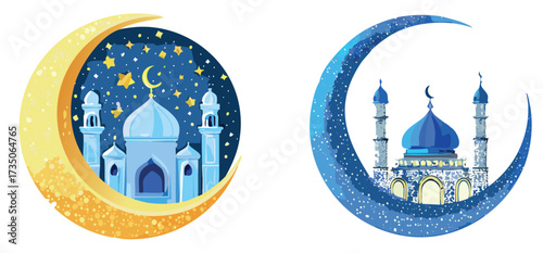 vector illustration of a blue and white mosque background, vector, tranparant background