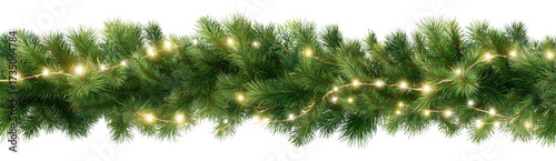 Stylish Christmas garland made of lush green pine branches adorned with warm white lights, creating festive and inviting atmosphere for holiday celebrations