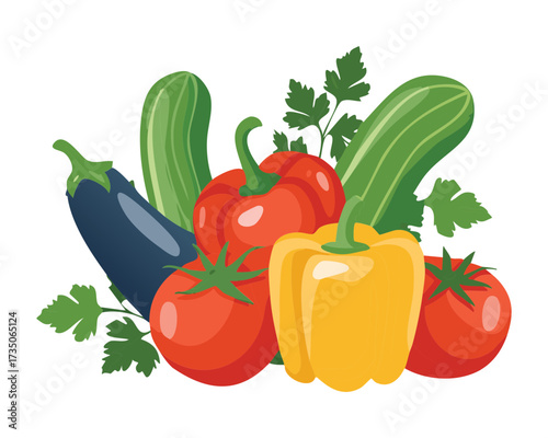 Mix of eggplant, zucchini, bell peppers, tomatoes, and cucumber, a bountiful harvest of colorful summer vegetables - Vector Illustration	