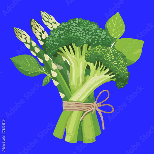 Bundle of fresh asparagus and broccoli tied with twine, a symbol of spring and healthy green vegetables - Vector Illustration	