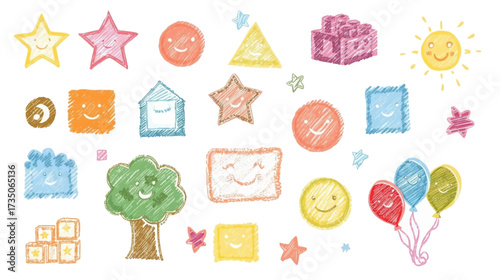 Many colorful crayondrawn shapes with smiling faces and objects for childrens illustrations, educational materials, and playful designs.