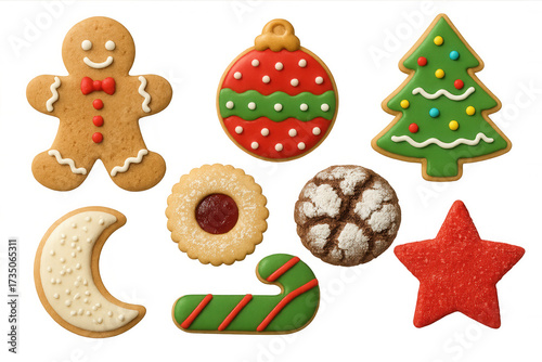 Christmas holiday cookies set, various festive gingerbread shapes and decorated biscuits celebrating the winter season
