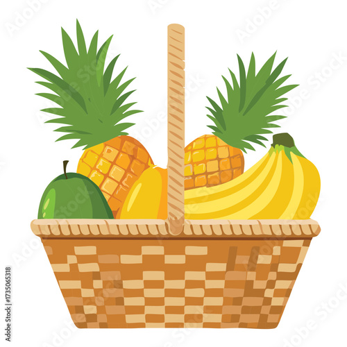Bountiful wicker basket filled with a colorful mix of tropical fruits like pineapple and banana, symbolizing summer abundance - Vector Illustration	