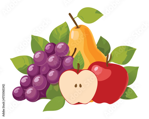Delicious fruit still life featuring pears, apples, and purple grapes with green leaves, an autumn harvest composition - Vector Illustration	