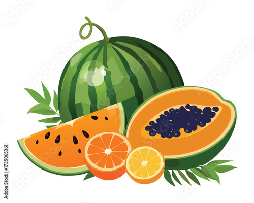 Refreshing pile of watermelon slices and a halved papaya with orange slices, a vibrant and juicy summer mix - Vector Illustration	