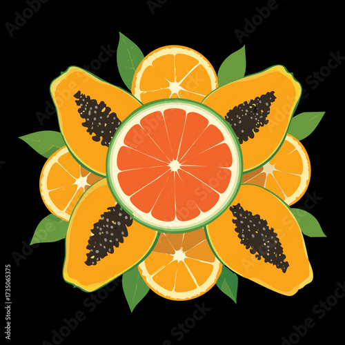 Decorative circular arrangement of papaya and orange slices with starfruit accents, a tropical fruit mandala - Vector Illustration	