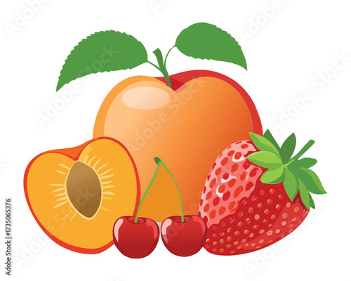 Bountiful pile of peaches or apricots and strawberries with a cherry, a sweet and fresh summer fruit arrangement - Vector Illustration	