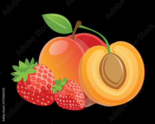 Halved peach or apricot showing the pit, surrounded by fresh red cherries and strawberries against a dark background - Vector Illustration	