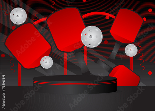 Mockup product display with Pickleball. Vector cylinder pedestal podium. Stage showcase for presentation. Minimal geometric forms.