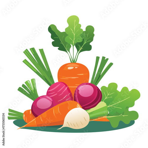 Grouping of Earthy Root Vegetables Such as Carrots Onions and Red Beets with Large Green Leaves Indicating Freshness and Farm Produce - Vector Illustration
