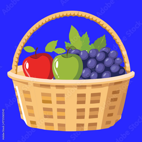 Traditional Woven Basket Overflowing with Ripe Apples and Dark Grapes Symbolizing Autumn Harvest and Abundance Against a Light Background - Vector Illustration