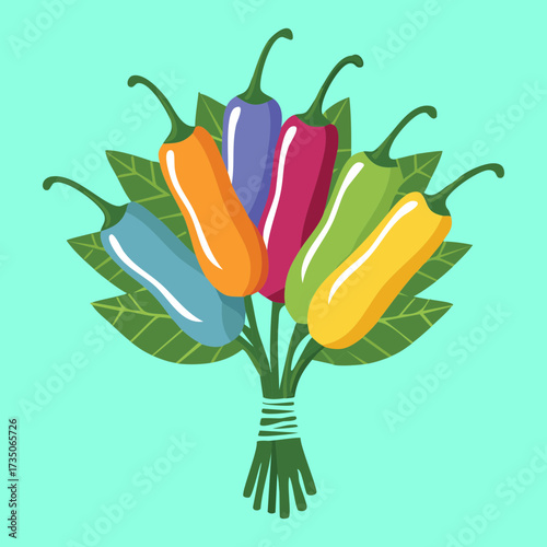 Bunch of brightly colored jalapeño and chili peppers tied with a string, vibrant and ready for cooking - Vector Illustration