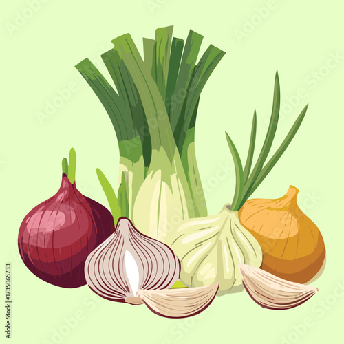 Fresh green onions, red onions, and plump garlic bulbs, a collection of essential culinary ingredients - Vector Illustration